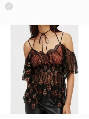 Free People Black Floral Mesh Camisole with Rust Lining and Ruffle Sleeves